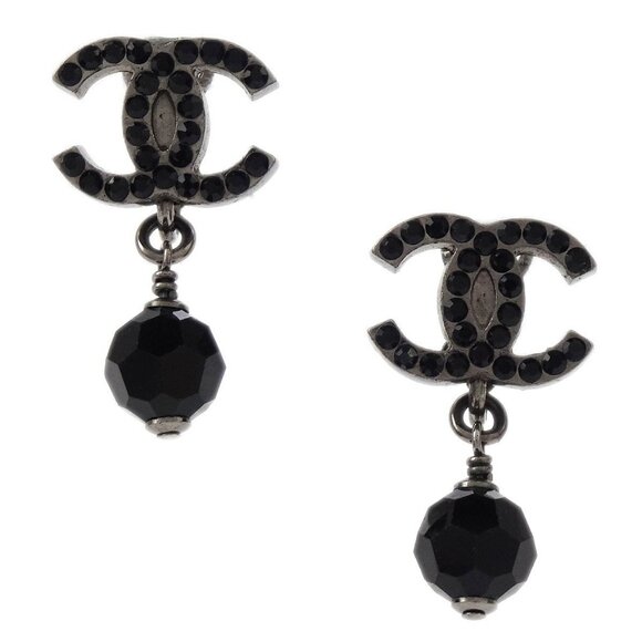 Chanel CC Dangle Earrings Clip-On Silver Black Rhinestone 04A - Picture 1 of 4
